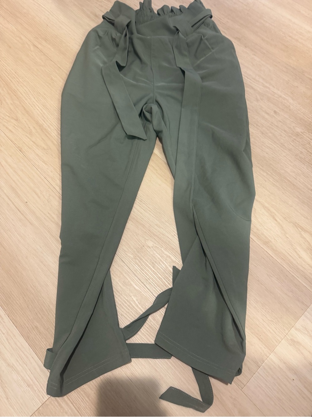 Womens Olive Green Paperbag Waist Pants with Ties